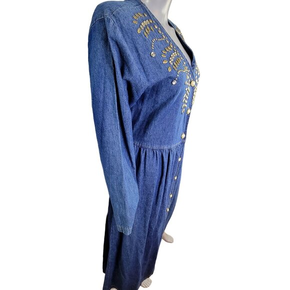 Vintage 90s Denim Midi Dress Women Medium Teacher Embellished Rhinestone 8 10 M - Picture 3 of 16